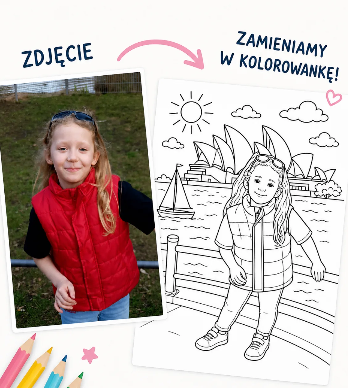 Zdjęcie zamienione w kolorowankę — przed i po